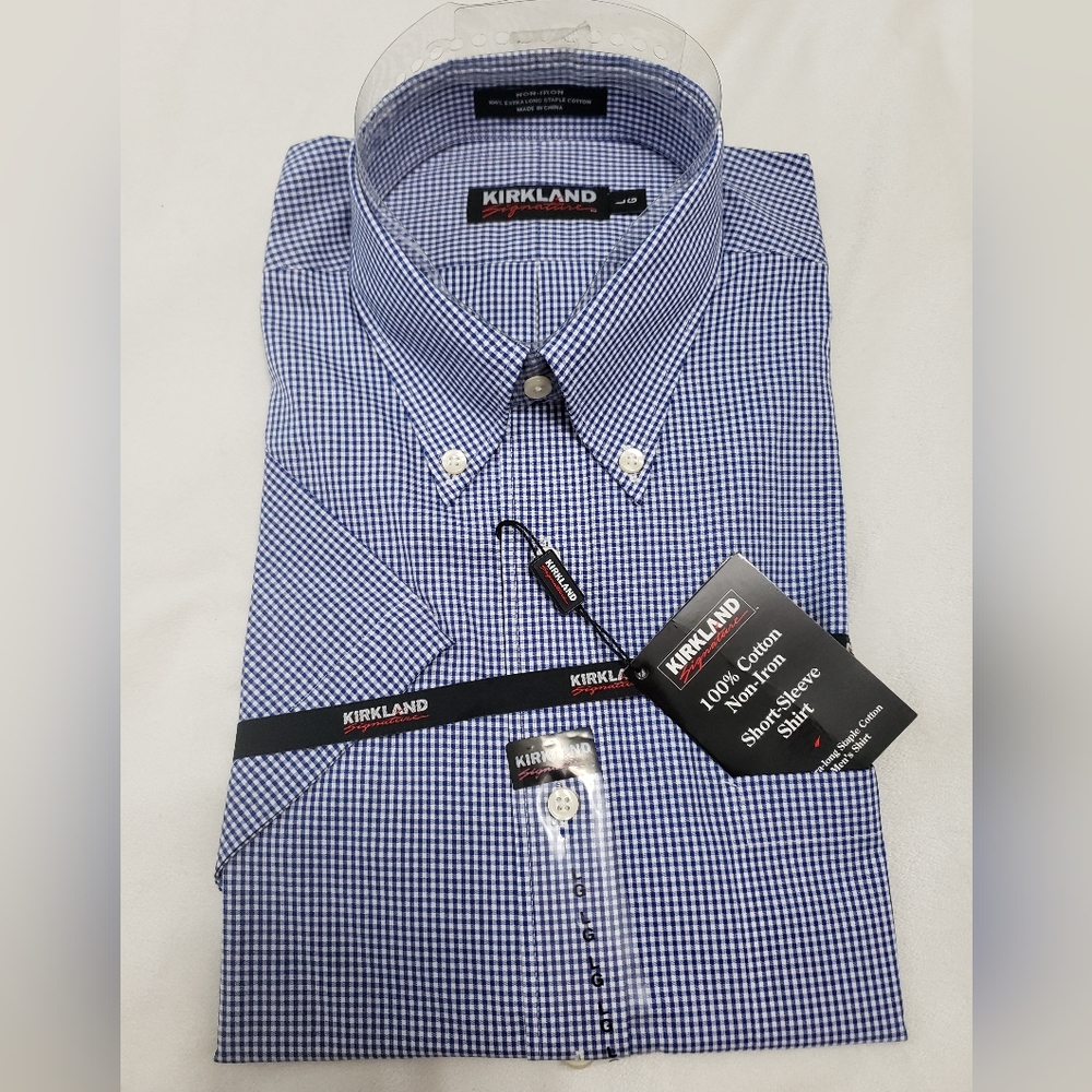 Kirkland Signature • Short Sleeve Dress Shirt • Non-Iron • Blue Plaid • Large
